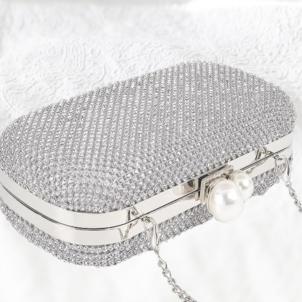 Evening Clutch Shoulder Bag Silver Purse Wedding Handbag Party Prom Bridal Gift - Picture 9 of 9